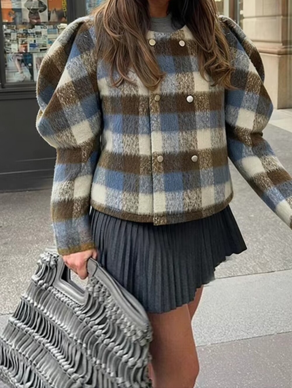 Autumn Vintage Color Block Plaid Tweed Jackets Coat for Women Puff Sleeves O-Nec